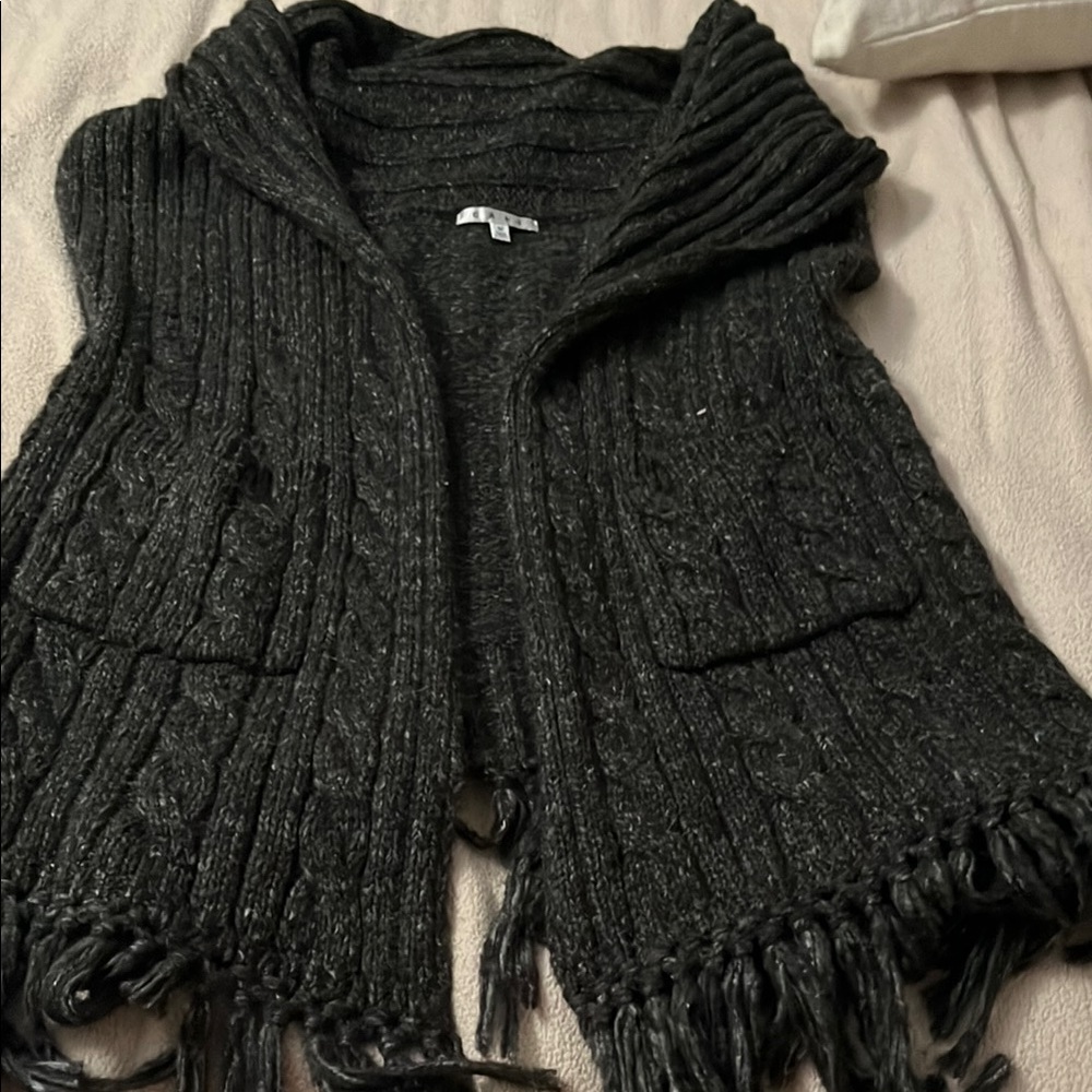 CAbi Gray Shrug Sweater with Fringe